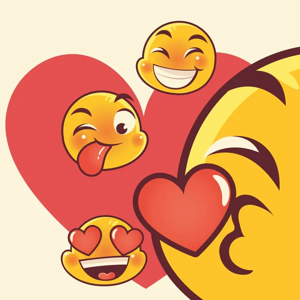 Emoji divertido, emoticonos caras lengua fuera amor beso feliz expresión social media — Archivo Imágenes Vectoriales