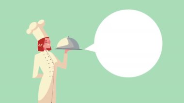 tepsi sunucusu ve konuşma balonu animasyonu olan kadın şef.