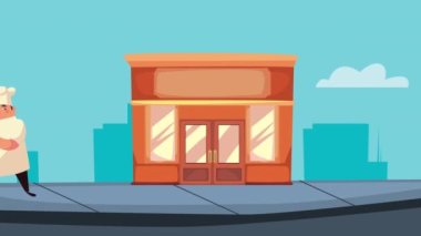 Şef 'in erkek çifti tepsiler ve restoranın ön yüzü animasyonuyla