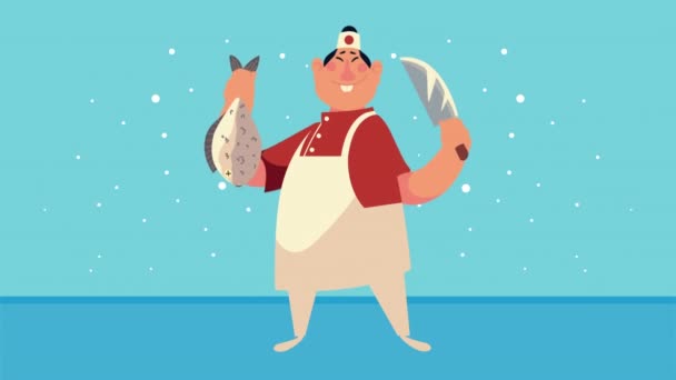 Робота шеф-кухаря з рибою та анімованим ножем. — стокове відео