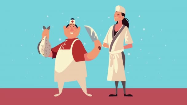 Pasangan koki dengan animasi karakter ikan dan pisau — Stok Video