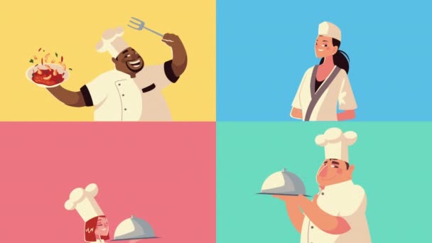 Interraciale chef-koks werknemers groep stripfiguren animatie — Stockvideo