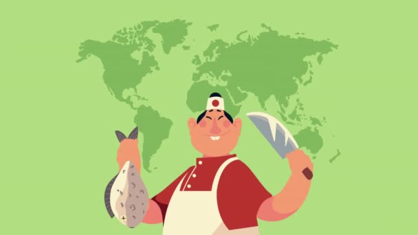 Chef interrazziale lavoratori con vassoi e animazione di pesce — Video Stock