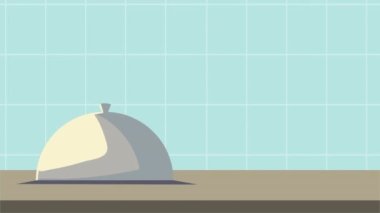 Yemek tabağı ve tepsi sunucusu çizgi roman karakteri animasyonuyla afro şef işçi