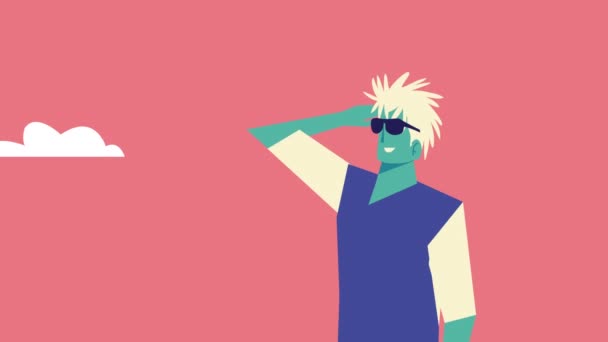 Młody człowiek w okularach przeciwsłonecznych komiczna animacja postaci — Wideo stockowe
