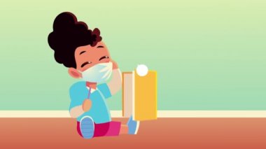 Tıp maskesi takan küçük kız kitap okuyor.