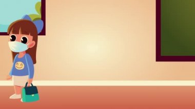 Küçük öğrenci çocuklar sınıfta maske takıyor.