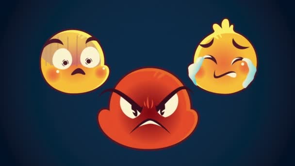 Bonito três emoticons enfrenta personagens de animação — Vídeo de Stock