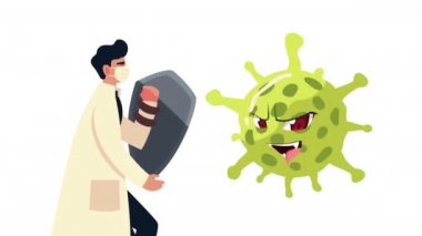 Erkek doktor, tıbbi maske ve kalkan takıyor ve covid19 parçacık karakteri