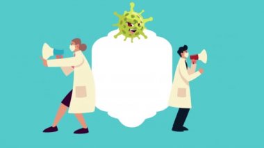 Doktor çift megafonla tıbbi maske takıyor.