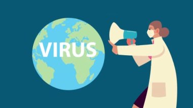 Kadın doktor megafon karakterli tıbbi maske takıyor.