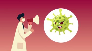 Erkek doktor megafon karakterli tıbbi maske takıyor.
