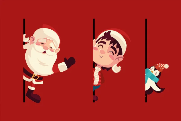 Frohe Weihnachten, Grußkarte mit Weihnachtsmann und Pinguin — Stockvektor