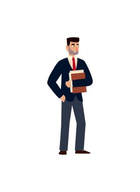 Beyaz arka planda belgeleri olan iş adamı karakteri