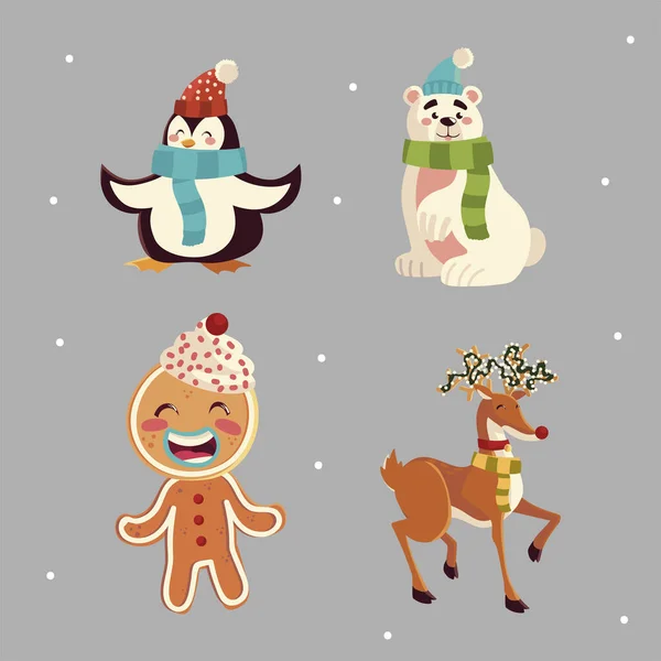 快乐的圣诞企鹅、驯鹿、熊鹿和姜饼人成为人们心目中的偶像 — 图库矢量图片