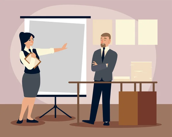 Üzletemberek, üzletember és nő igazgatósági prezentációs terv offfice — Stock Vector