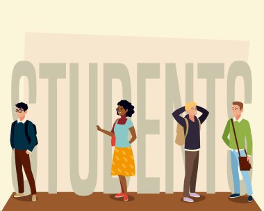 Öğrenci erkek ve kadın çantalı ve büyük harfli.