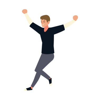 Genç adam beyaz arka planda kutlama yapıyor.