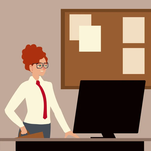 Personaggio di donna d'affari con computer sulla scrivania — Vettoriale Stock