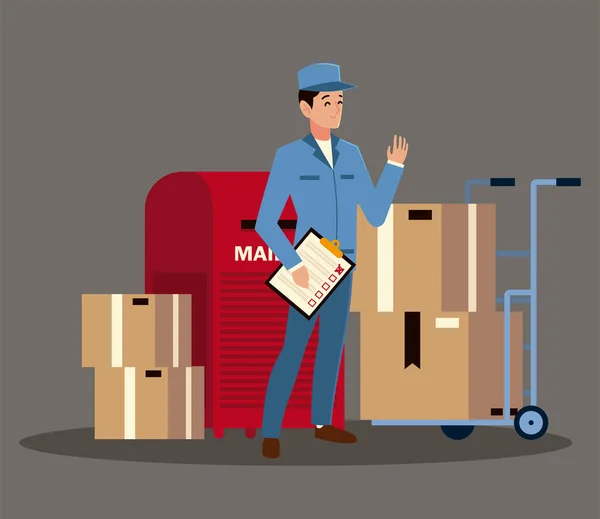 Postai szolgáltatás férfi postás postaláda ellenőrzőlistával és dobozokkal — Stock Vector