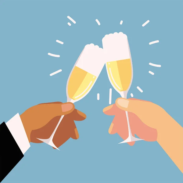 Couple hands with champagne glasses celebration, cheers — Stock Vector