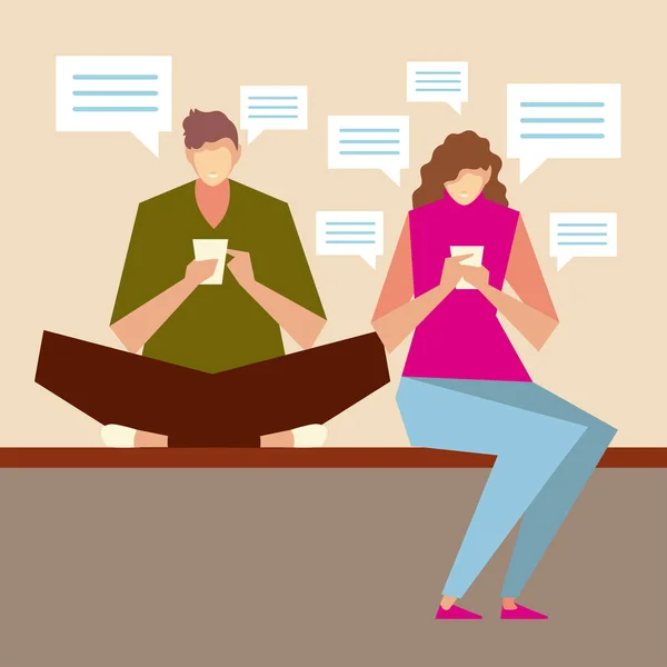 Homem e mulher personagens sentados usando smartphones, pessoas e gadgets — Vetor de Stock