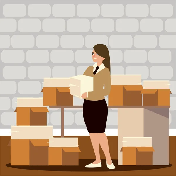 Oficina de mujer trabajadora con varios papeles de pila en cajas — Vector de stock