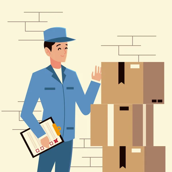 Postal service postman character with check list and stack of boxes — Stock Vector