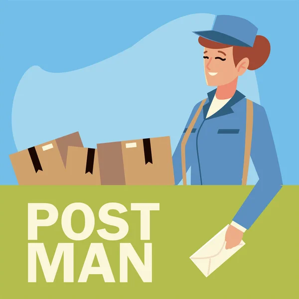 Travailleuse de la poste avec enveloppe et boîtes — Image vectorielle