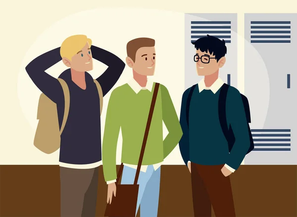Estudantes do sexo masculino personagens com mochilas na imagem hall —  Vetores de Stock
