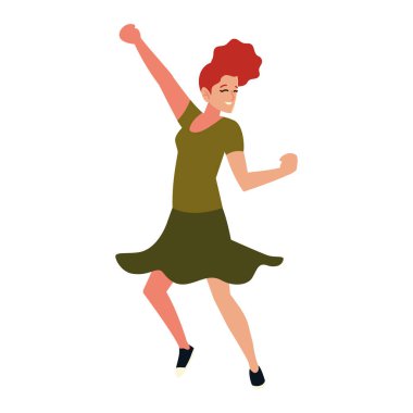 Beyaz arka planda kutlama yapan genç kadın karakter.