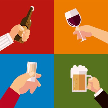 Eller bardakları tutar. Bira, şarap, kokteyl, şerefe.