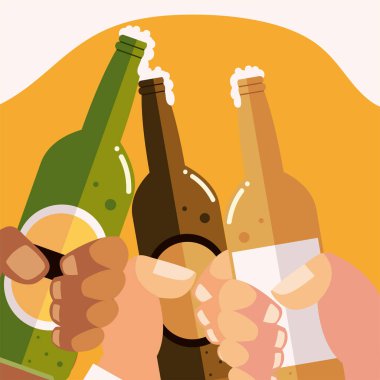 Farklı eller bira şişelerini tutar. İçkiler konsepte uyar.