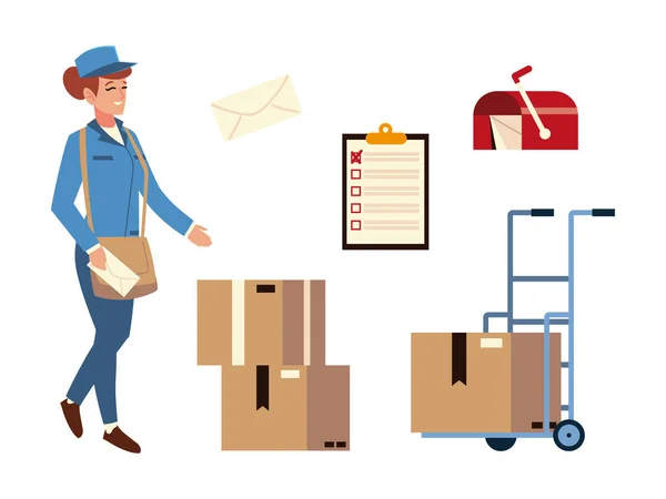 Ταχυδρομική υπηρεσία γυναίκα γραμματοκιβώτιο φάκελο κουτιά από χαρτόνι εικονίδια — Διανυσματικό Αρχείο