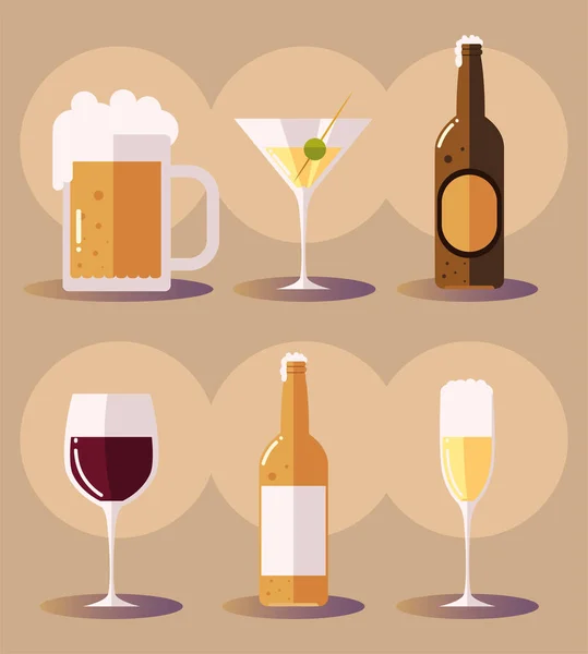 Establecer iconos con cerveza martini botella de cerveza copas de vidrio de vino — Archivo Imágenes Vectoriales