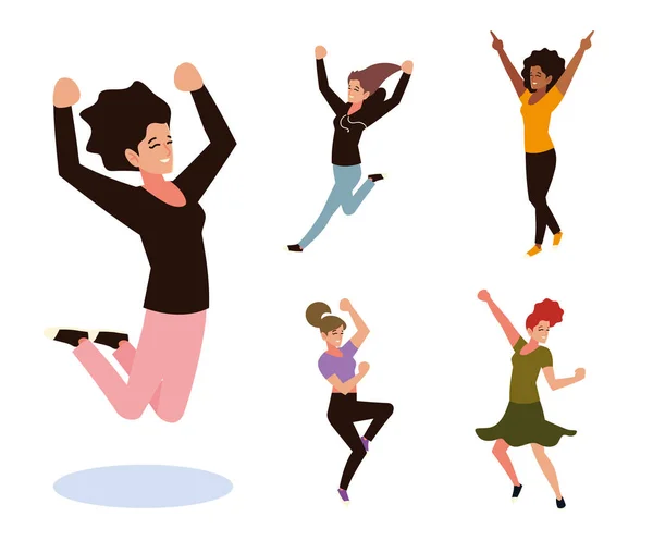 Grupo de mujeres saltando y bailando conjunto de celebración — Archivo Imágenes Vectoriales