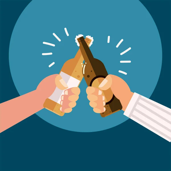 Ανδρικά χέρια με μπουκάλια μπύρας γιορτή αλκοόλ, στην υγειά μας — Διανυσματικό Αρχείο
