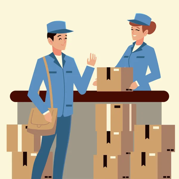 Postal service postman and female worker office with boxes — Stock Vector