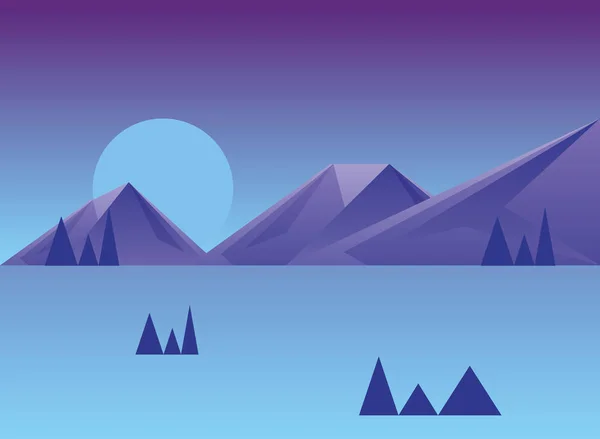 Paisaje poligonal de montañas y árboles en diseño vectorial nocturno — Archivo Imágenes Vectoriales