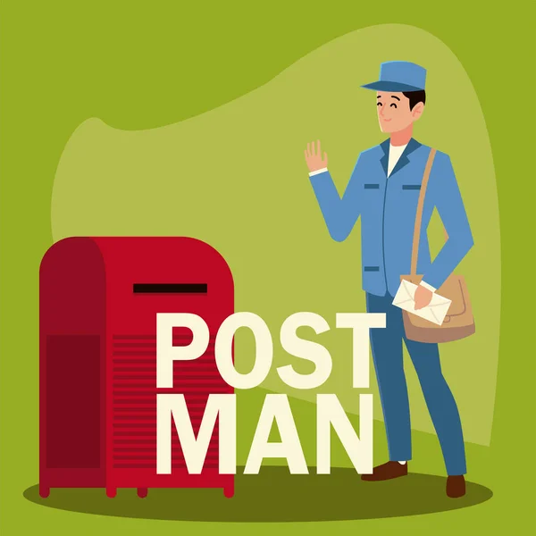 Postal service postman character with bag and mailbox — Stock Vector