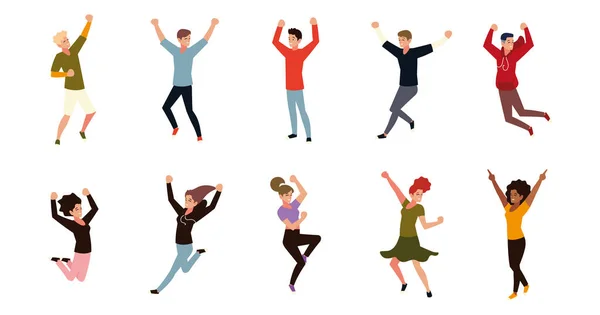 Gente feliz celebrando, saltando hombres y mujeres celebración conjunto — Vector de stock