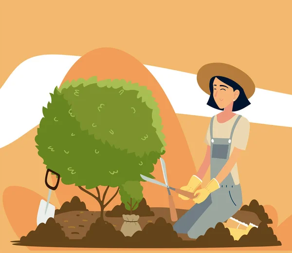 Hagearbeid, kvinne som pynter et tre med klippere – stockvektor