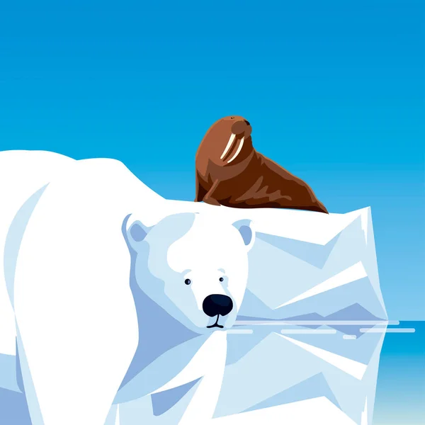 Morsa na górze lodowej i niedźwiedzia polarnego wody biegun północny zwierząt — Wektor stockowy