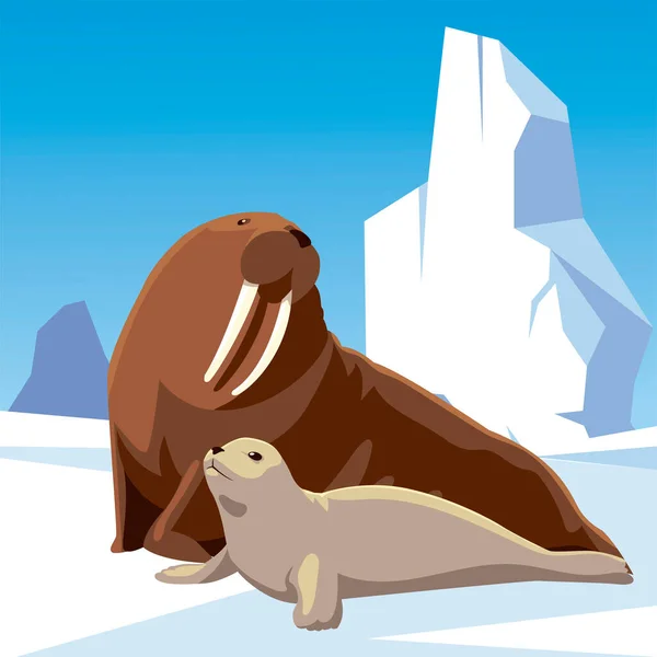 Walrus en zeehond samen poolijsberg noordpool — Stockvector