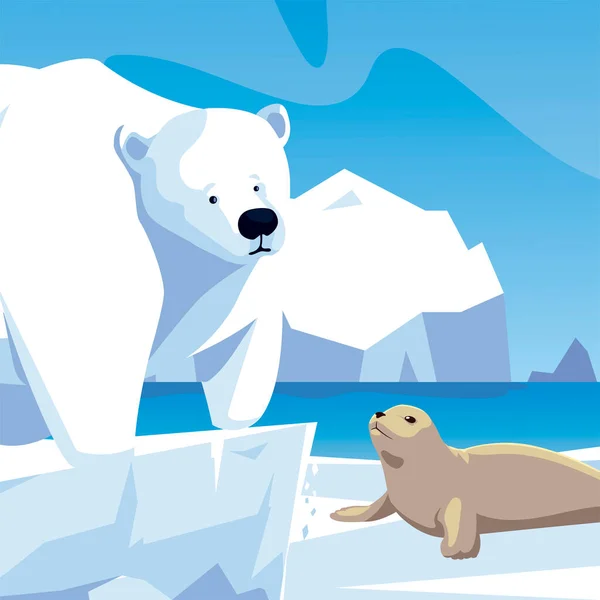 Oso polar y animales de foca polo norte iceberg — Vector de stock