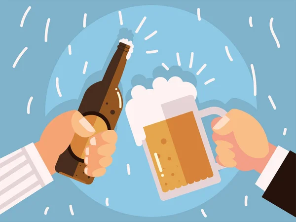 Bira bardağı ve şişe içen erkek elleri — Stok Vektör