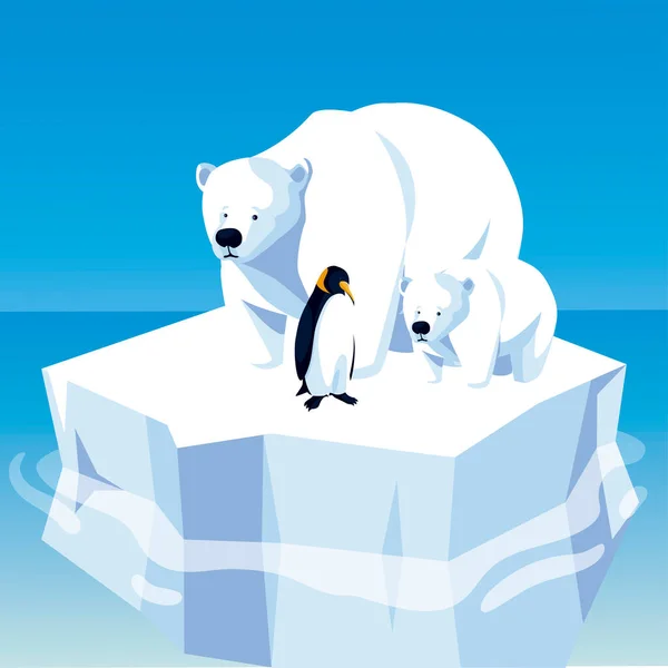 Eisbären und Pinguin treiben auf Eisberg-Nordpol — Stockvektor