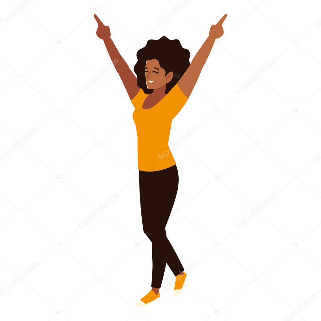 young woman hands up celebrating, white background