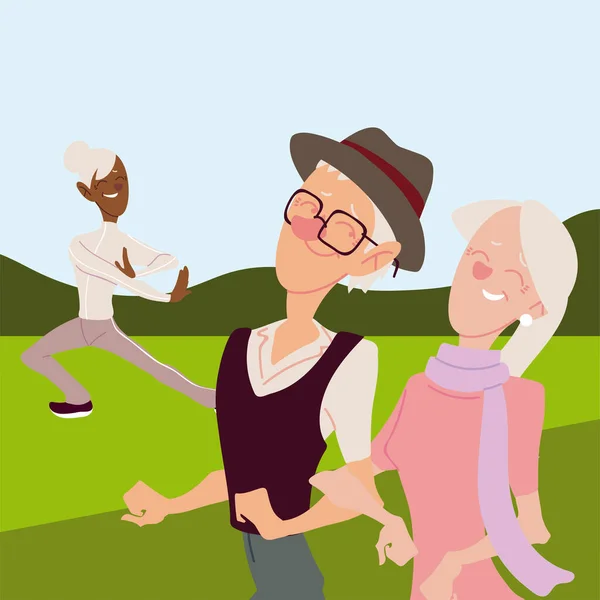 Ηλικιωμένοι ενεργό, ευτυχισμένη ηλικιωμένη γυναίκα πρακτική γιόγκα και ηλικιωμένοι ζευγάρι περπάτημα — Διανυσματικό Αρχείο