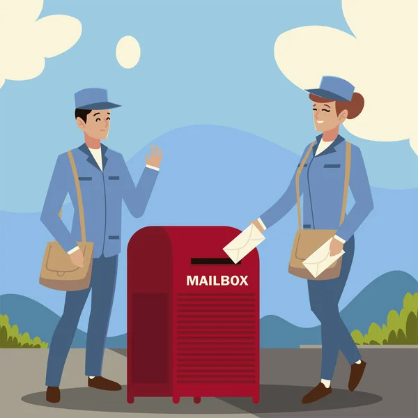 Postservice brevbärare och kvinna brevlåda kuvert stad gata — Stock vektor